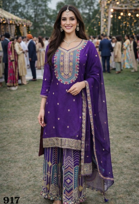 Purple Embroidered Chinnon Palazzo Kameez