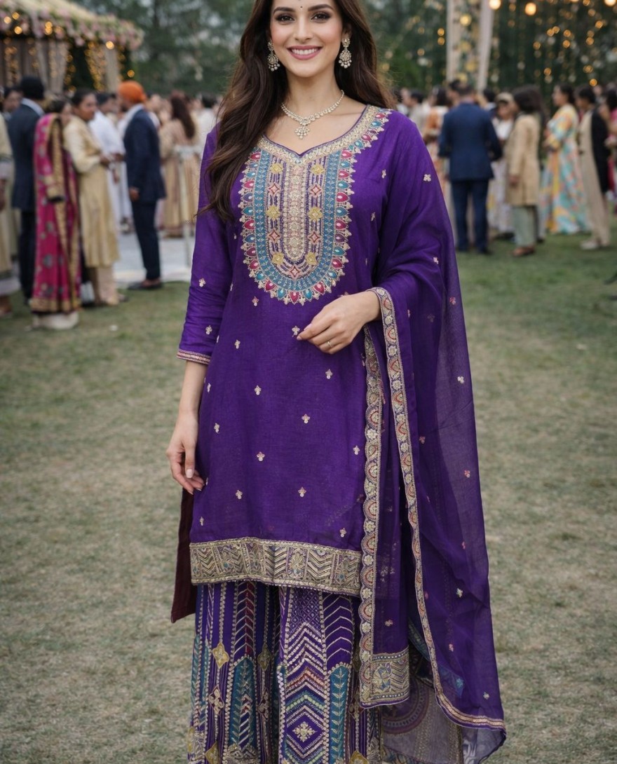 purple - Purple Embroidered Chinnon Palazzo Kameez