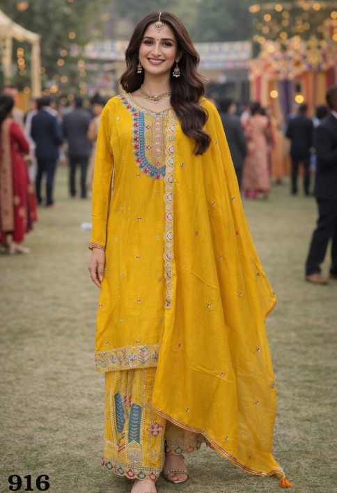 Maize Yellow Embroidered Chinnon Palazzo Kameez