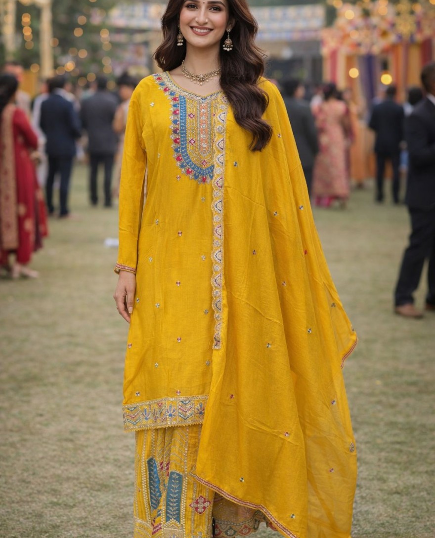 YELLOW - Maize Yellow Embroidered Chinnon Palazzo Kameez