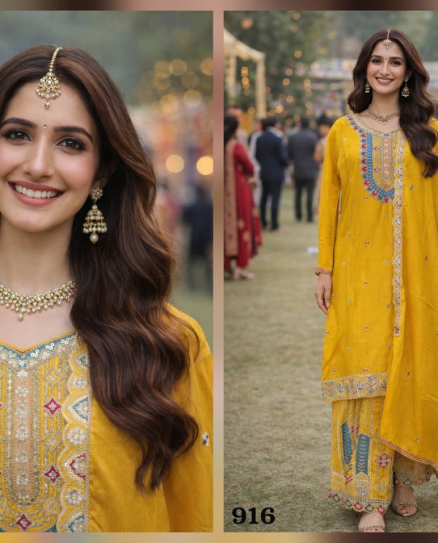 YELLOW - Maize Yellow Embroidered Chinnon Palazzo Kameez