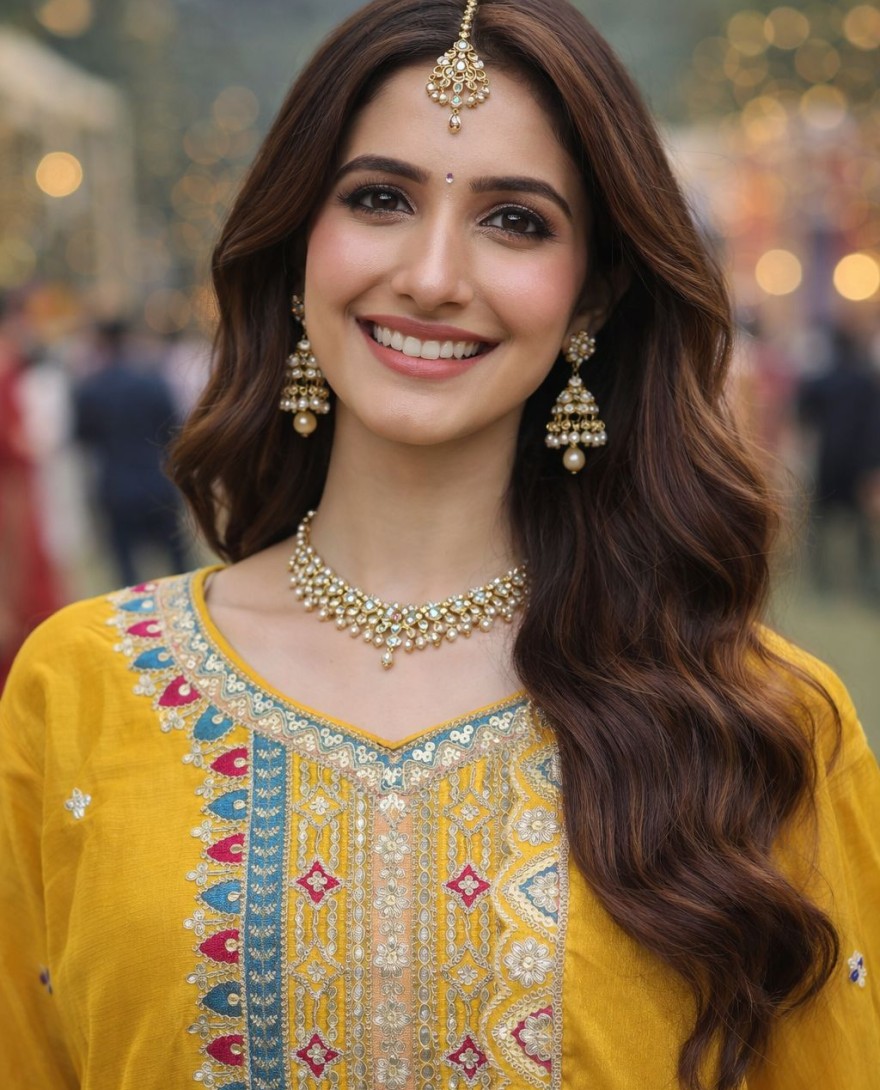  YELLOW - Maize Yellow Embroidered Chinnon Palazzo Kameez