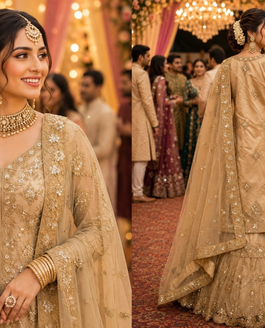 CREAM - Net Readymade Lehenga Choli in Cream Enhanced with Embroidered