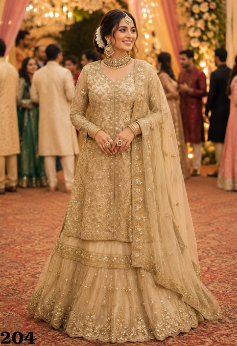 Net Readymade Lehenga Choli in Cream Enhanced with Embroidered