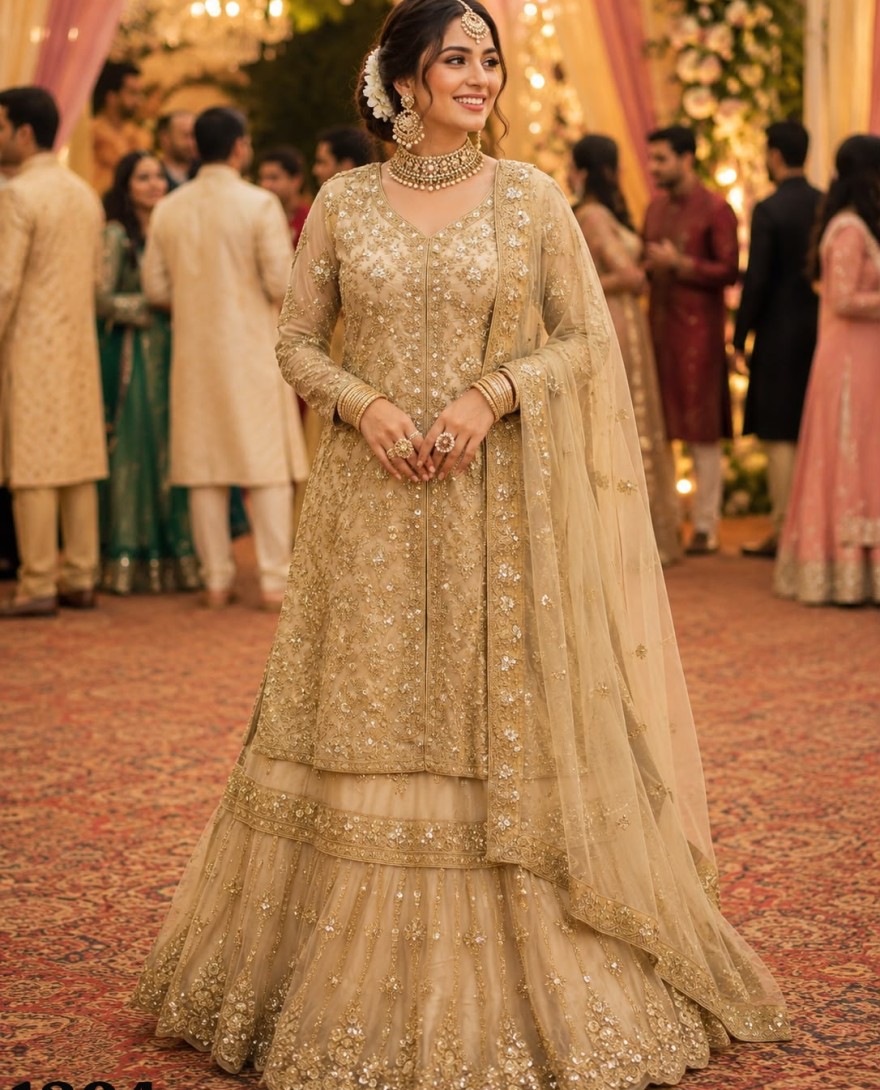 CREAM - Net Readymade Lehenga Choli in Cream Enhanced with Embroidered