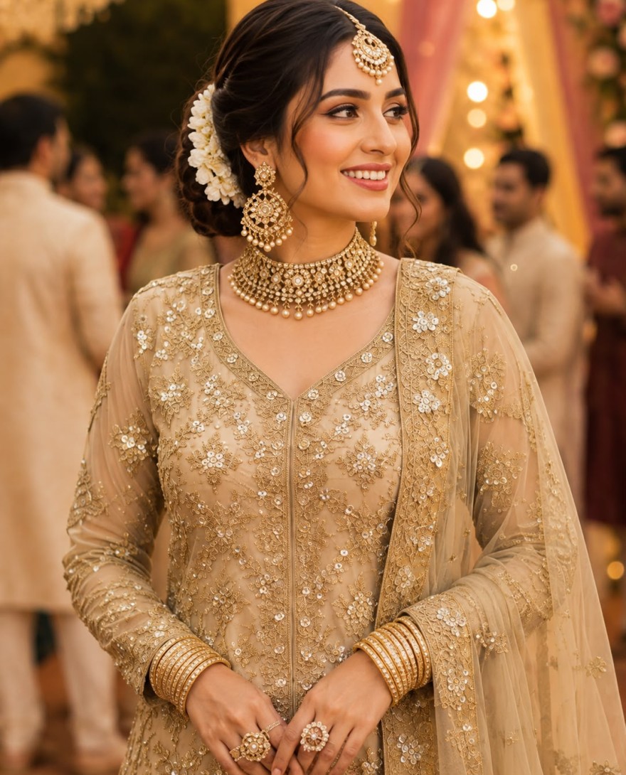 CREAM - Net Readymade Lehenga Choli in Cream Enhanced with Embroidered