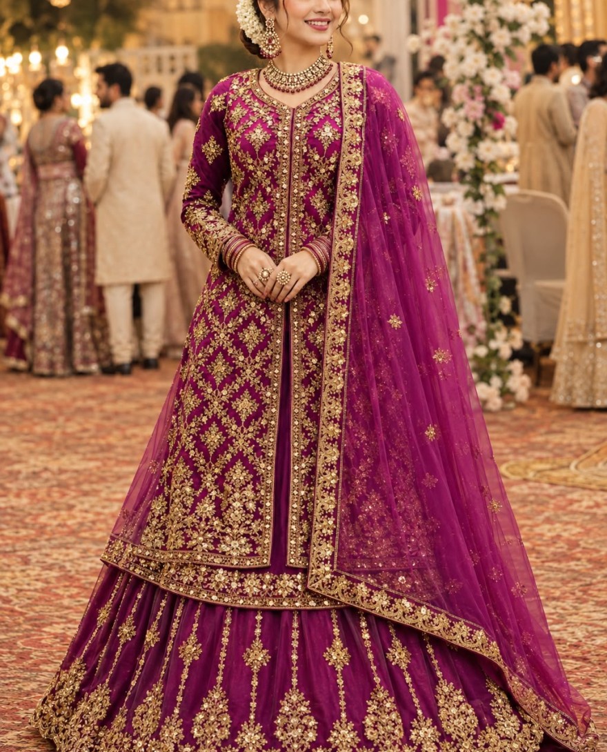 MAGENTA - Embroidered Net Magenta Designer Lehenga Choli