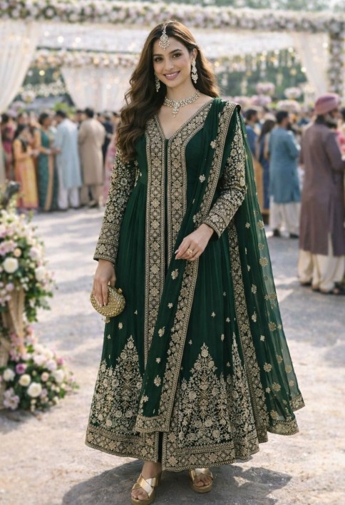 Bottle Green Embroidered Chinnon Pant Kameez