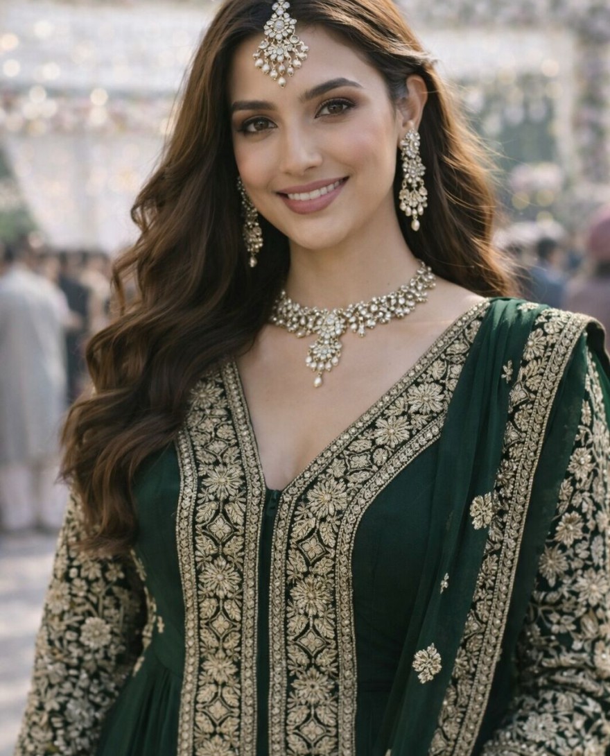 GREEN - Bottle Green Embroidered Chinnon Pant Kameez