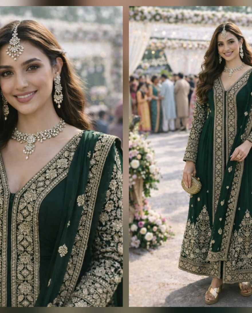 GREEN - Bottle Green Embroidered Chinnon Pant Kameez