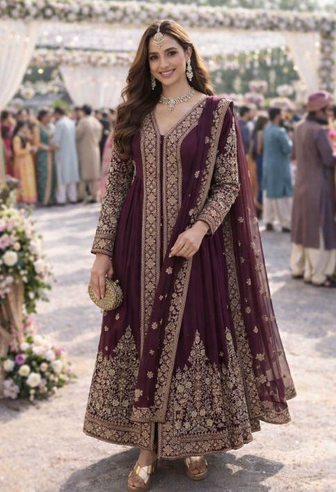 Burgundy Embroidered Chinnon Pant Kameez
