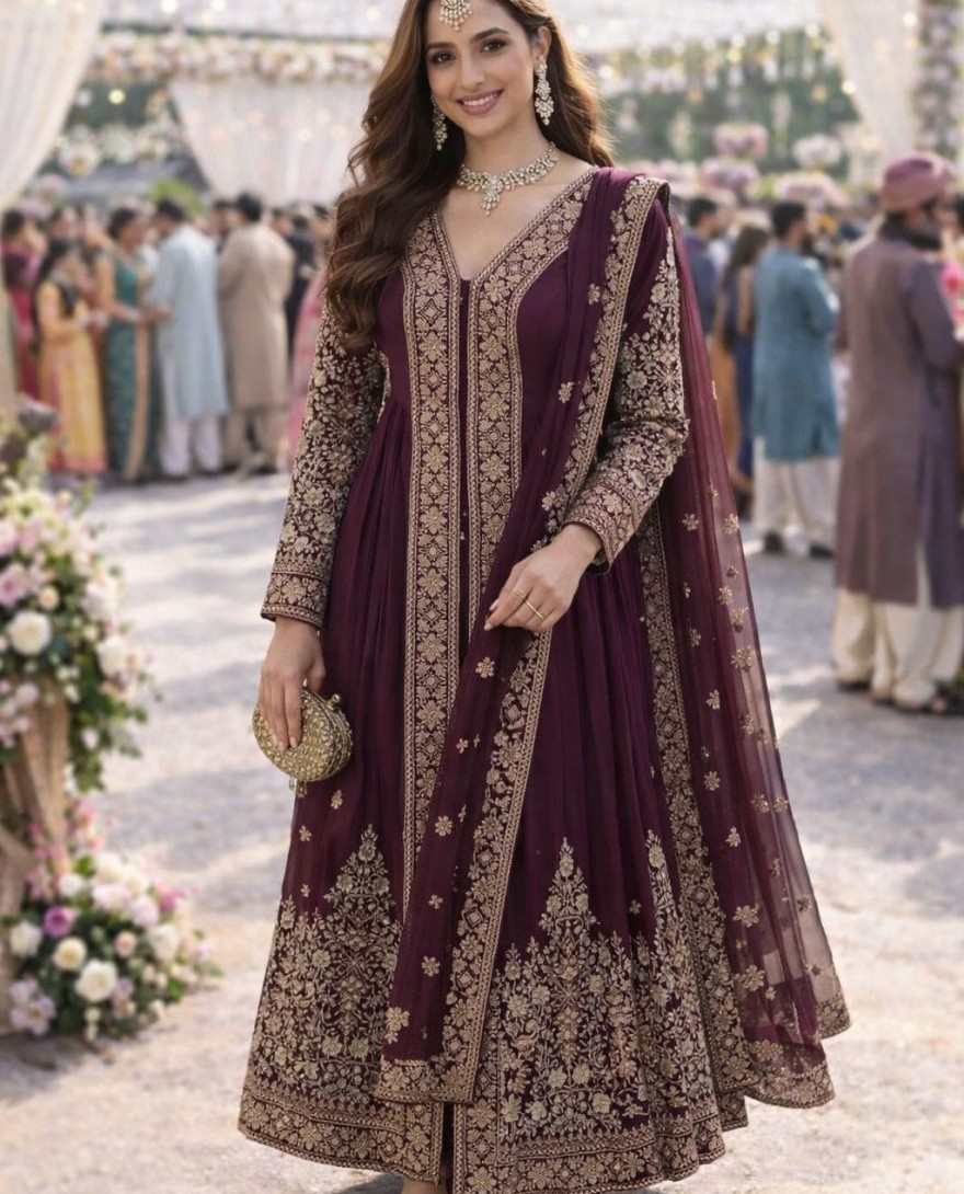 MAROON - Burgundy Embroidered Chinnon Pant Kameez