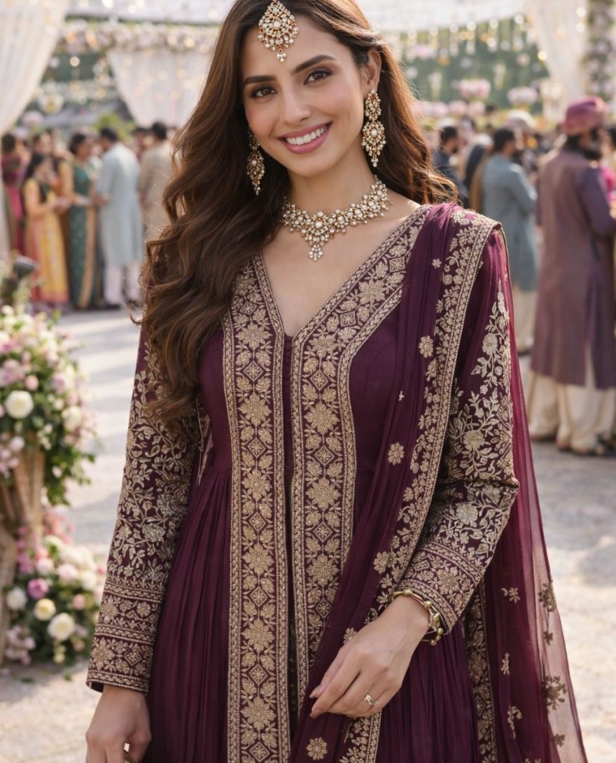 MAROON - Burgundy Embroidered Chinnon Pant Kameez