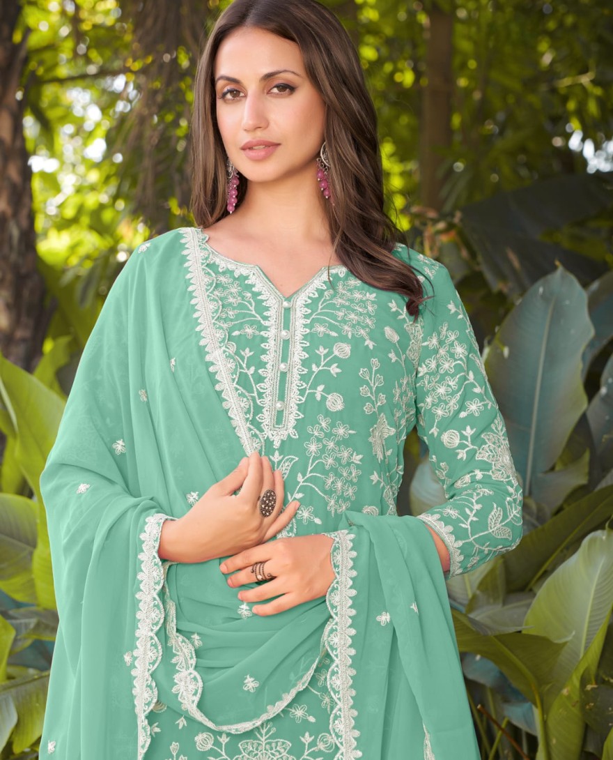 GREEN - Mint Green Embroidered Georgette Sarara Kameez