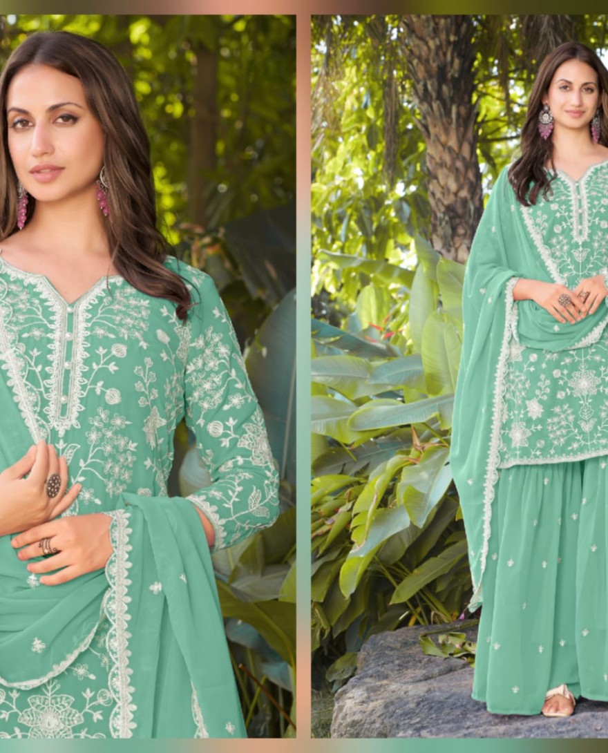 GREEN - Mint Green Embroidered Georgette Sarara Kameez