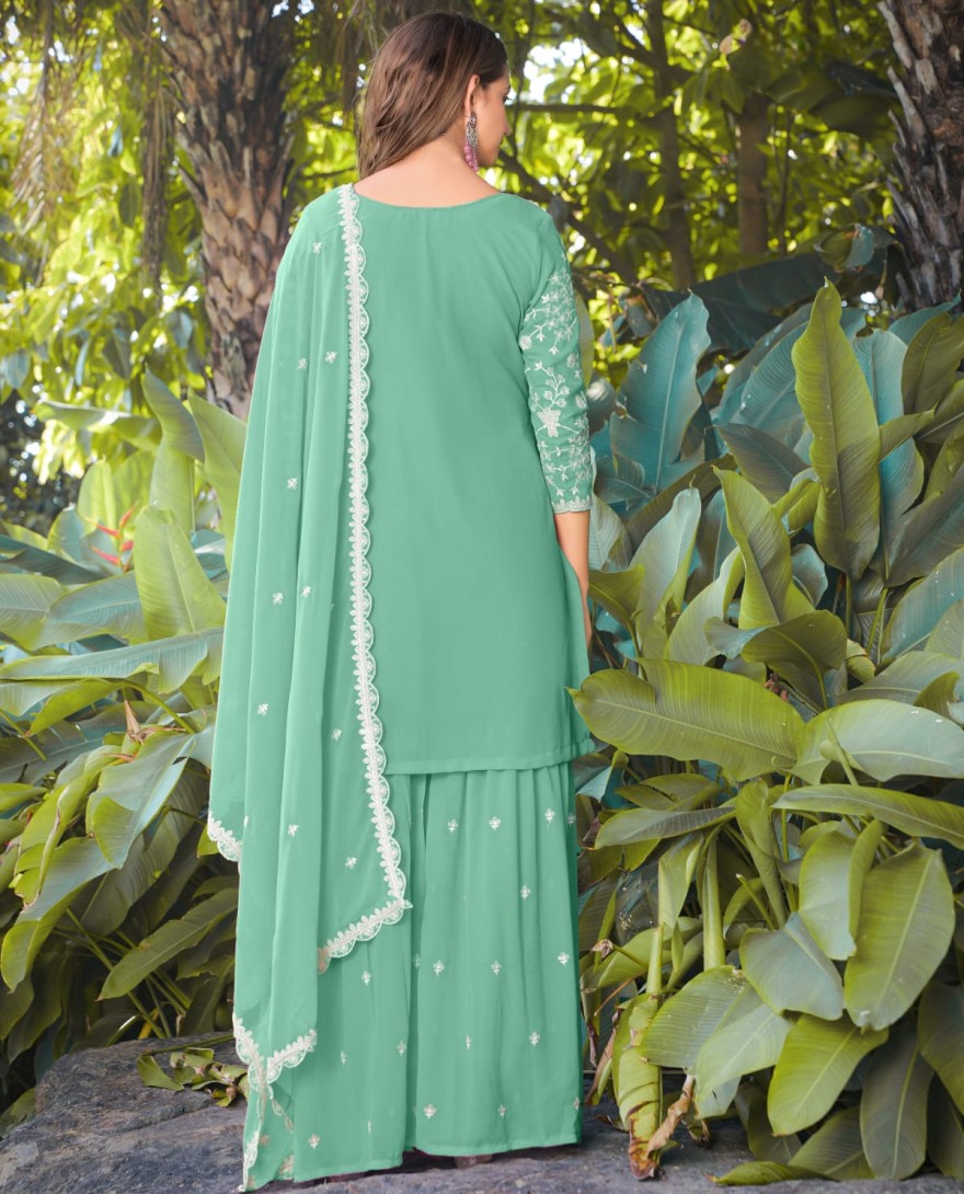 GREEN - Mint Green Embroidered Georgette Sarara Kameez