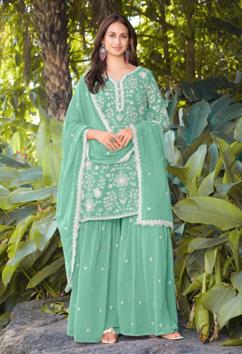 Mint Green Embroidered Georgette Sarara Kameez