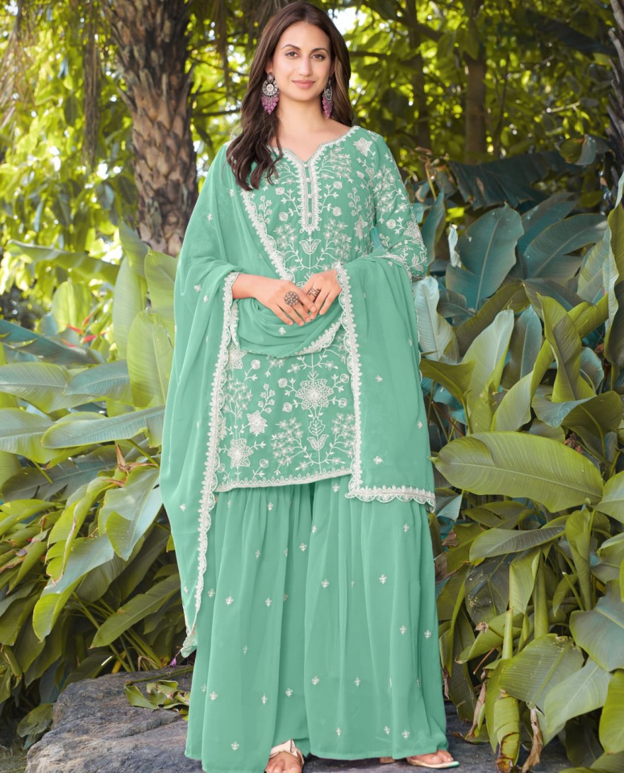 GREEN - Mint Green Embroidered Georgette Sarara Kameez