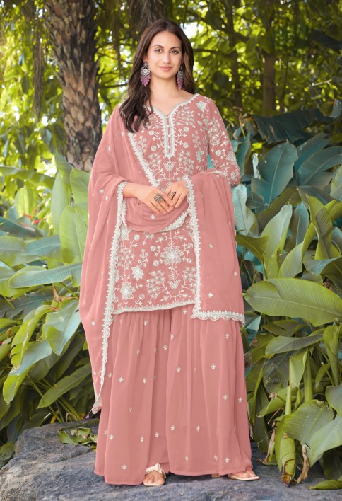 Coral Pink Embroidered Georgette Sarara Kameez