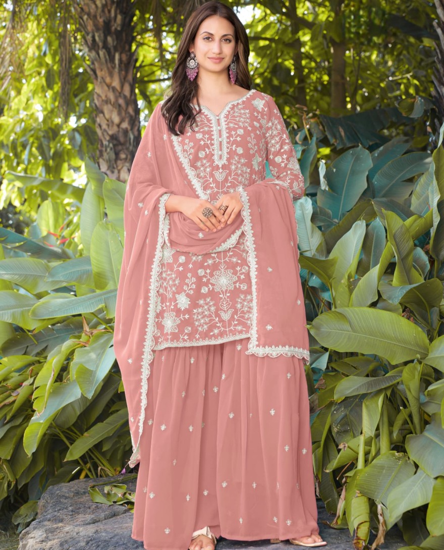 PINK - Coral Pink Embroidered Georgette Sarara Kameez