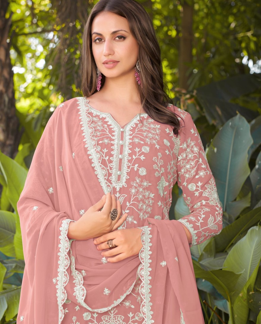 PINK - Coral Pink Embroidered Georgette Sarara Kameez