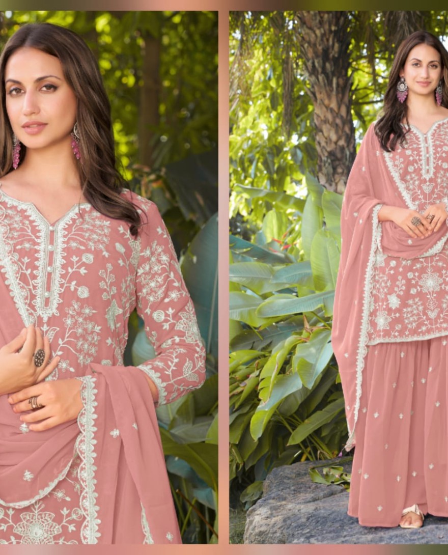 PINK - Coral Pink Embroidered Georgette Sarara Kameez