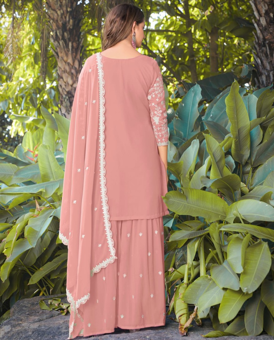 PINK - Coral Pink Embroidered Georgette Sarara Kameez