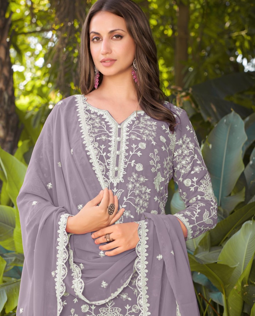 PURPLE - Dusty Grey Embroidered Georgette Sarara Kameez