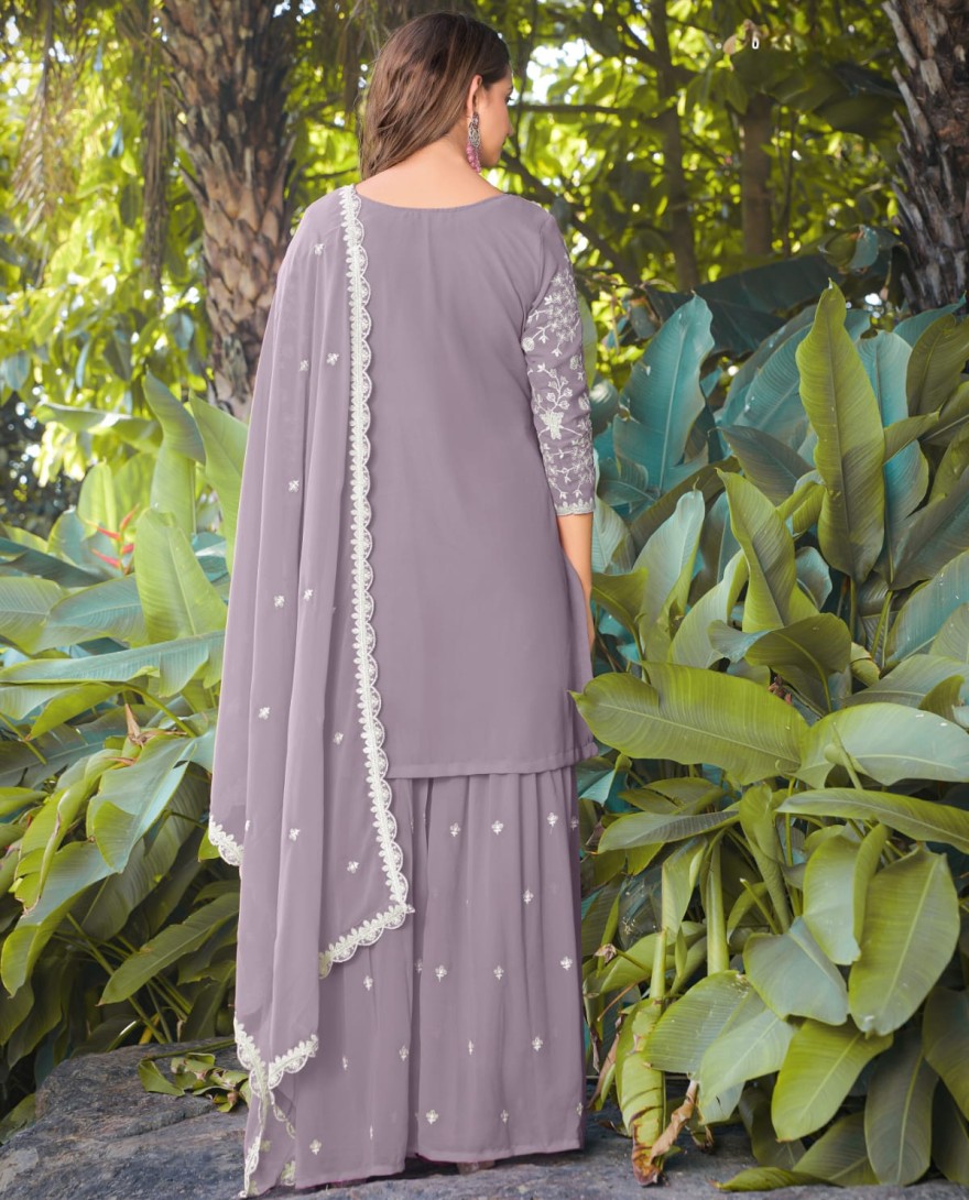 PURPLE - Dusty Grey Embroidered Georgette Sarara Kameez