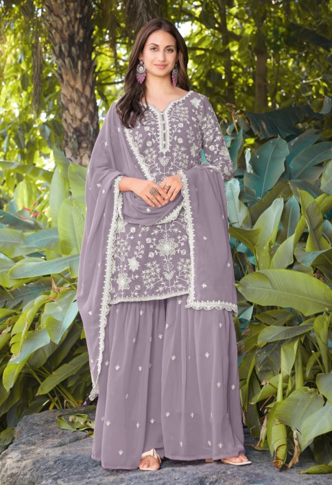 Dusty Grey Embroidered Georgette Sarara Kameez