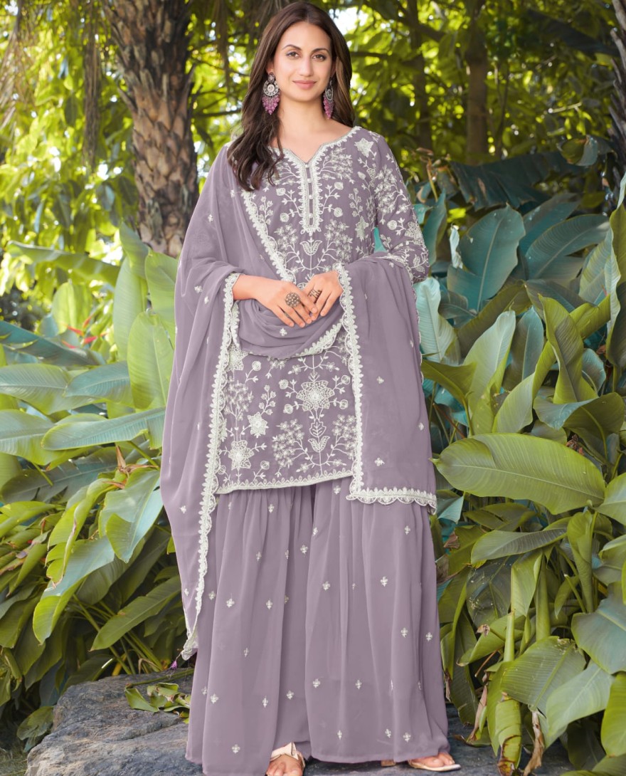 PURPLE - Dusty Grey Embroidered Georgette Sarara Kameez