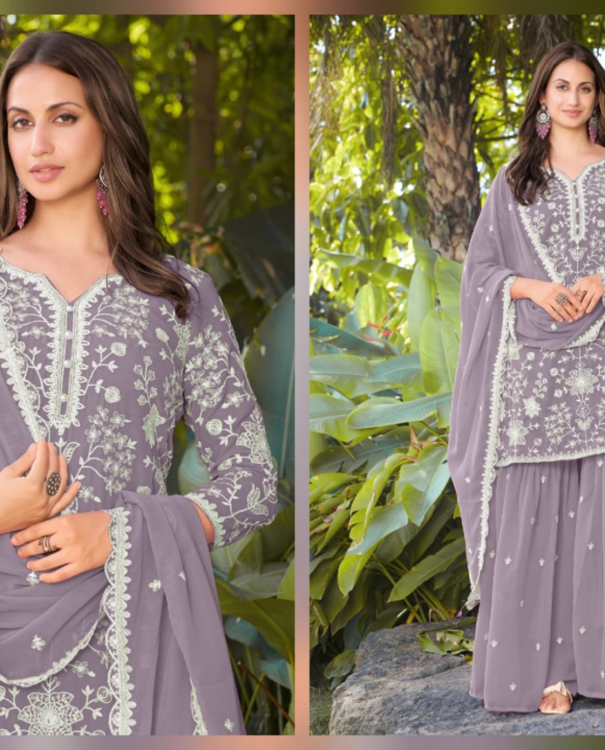 PURPLE - Dusty Grey Embroidered Georgette Sarara Kameez