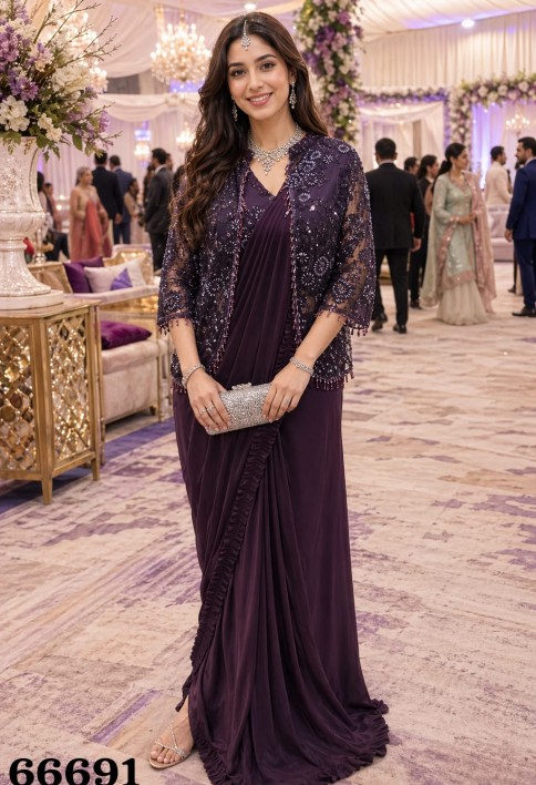 Orphic Embroidered Wine Lycra Classic Saree