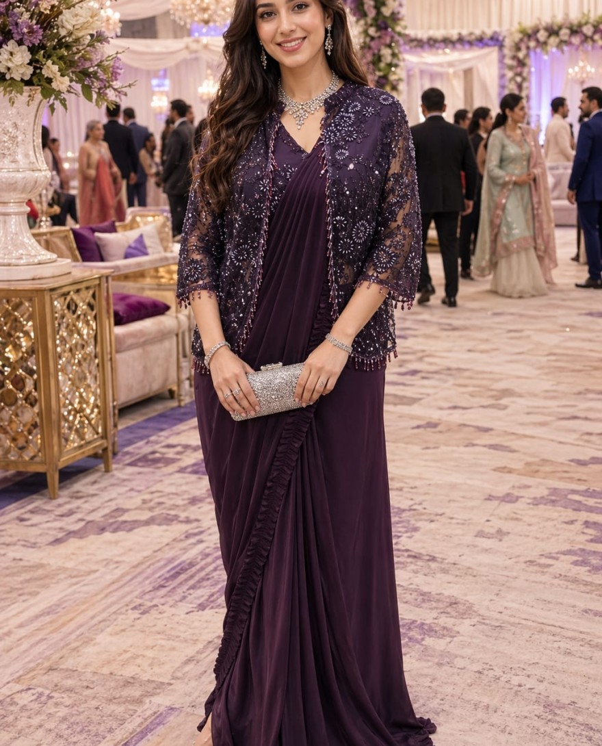 PURPLE - Orphic Embroidered Wine Lycra Classic Saree