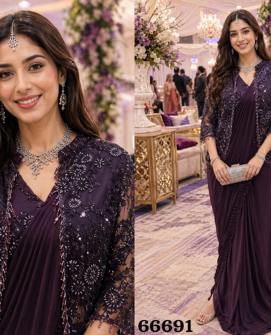 PURPLE - Orphic Embroidered Wine Lycra Classic Saree
