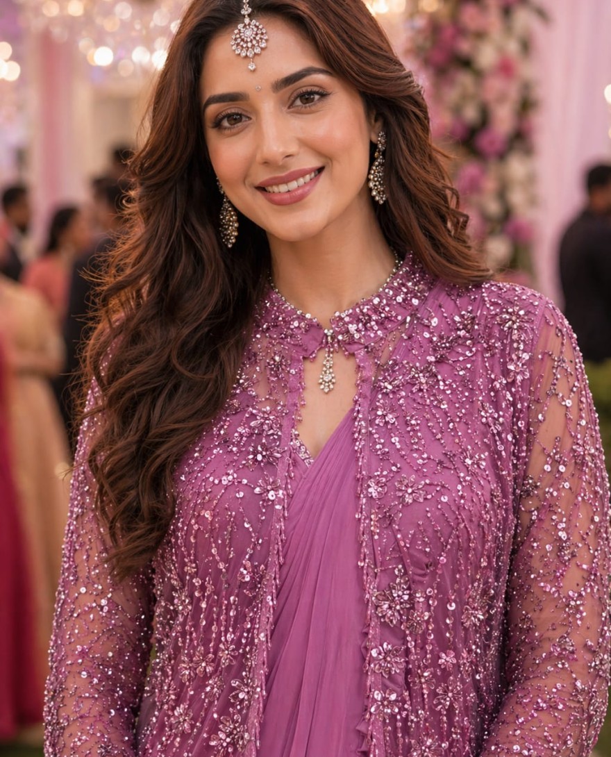 MAUVE - Mauve Pink Lycra Saree With Net Jacket
