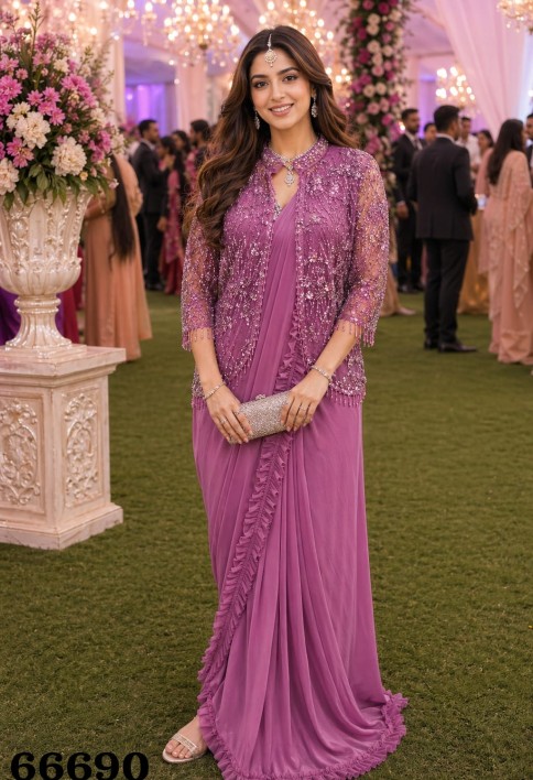 Mauve Pink Lycra Saree With Net Jacket