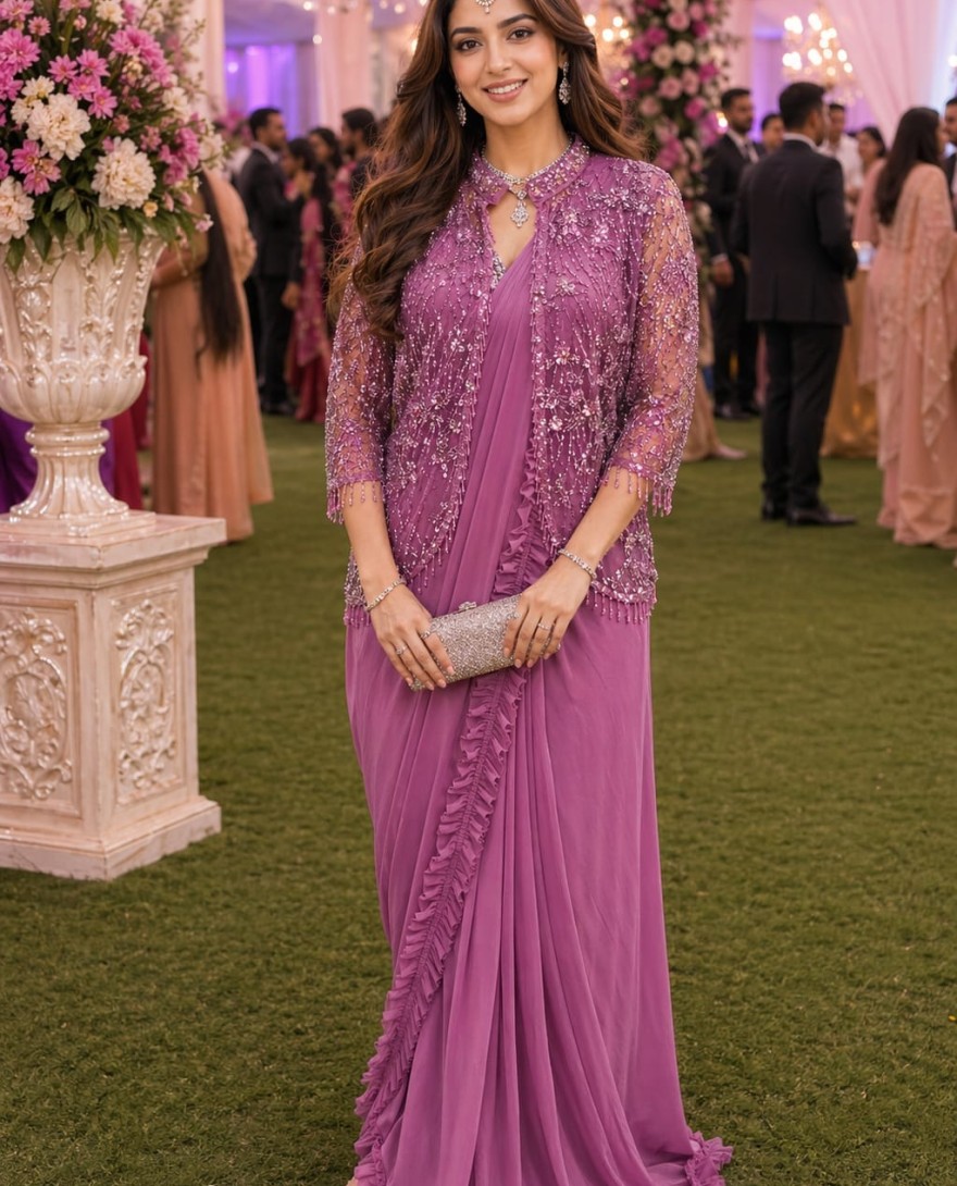 MAUVE - Mauve Pink Lycra Saree With Net Jacket