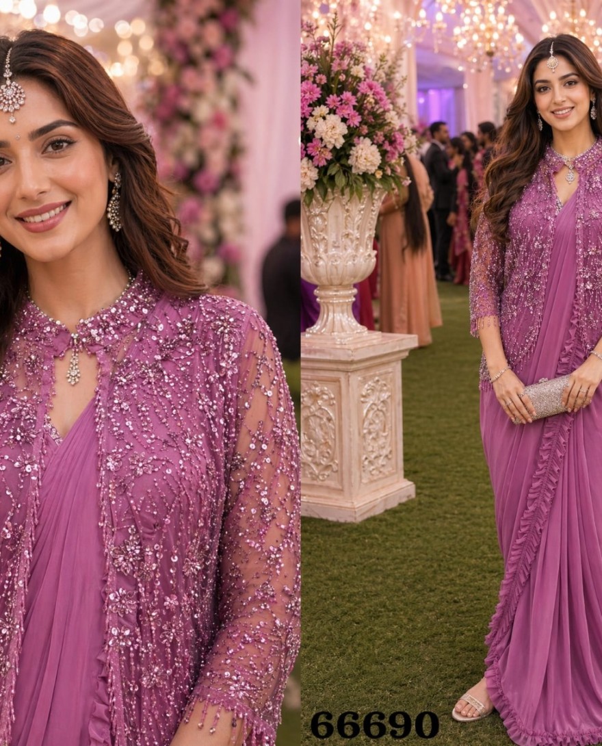 MAUVE - Mauve Pink Lycra Saree With Net Jacket