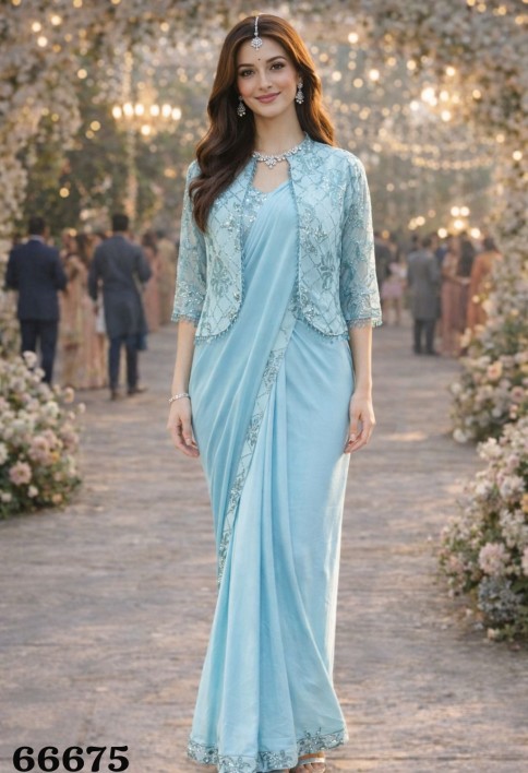 Sky Blue Lycra Embroidery Work Party Wear Readymade Saree