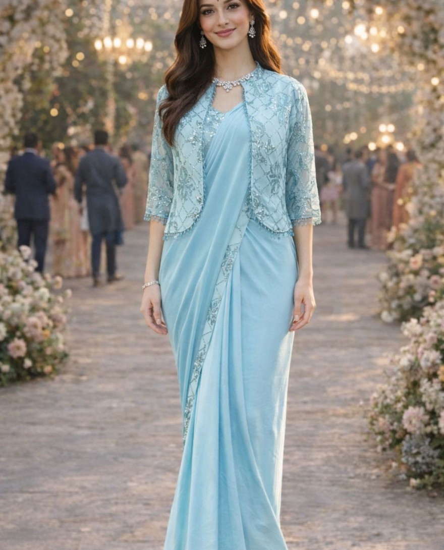 BLUE - Sky Blue Lycra Embroidery Work Party Wear Readymade Saree