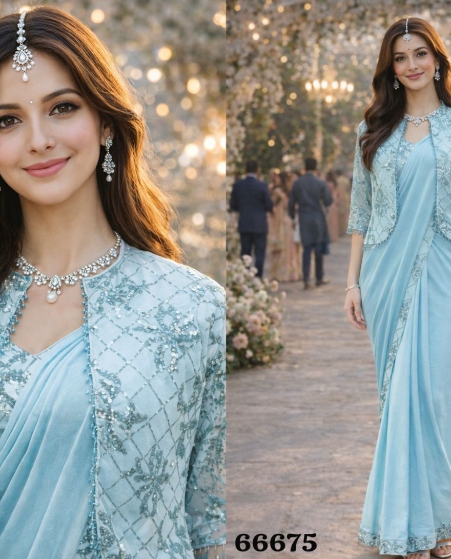 BLUE - Sky Blue Lycra Embroidery Work Party Wear Readymade Saree