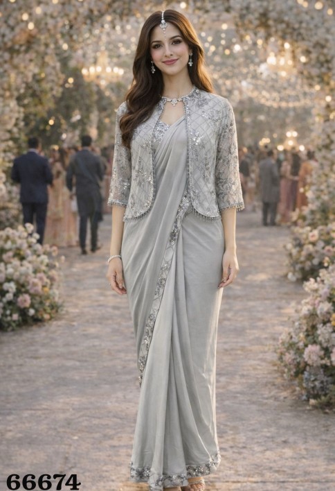 Silver Grey Embroidered Ready to Wear Saree with Jacket