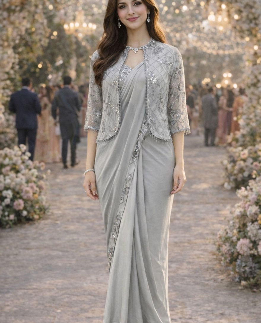 SILVER - Silver Grey Embroidered Ready to Wear Saree with Jacket