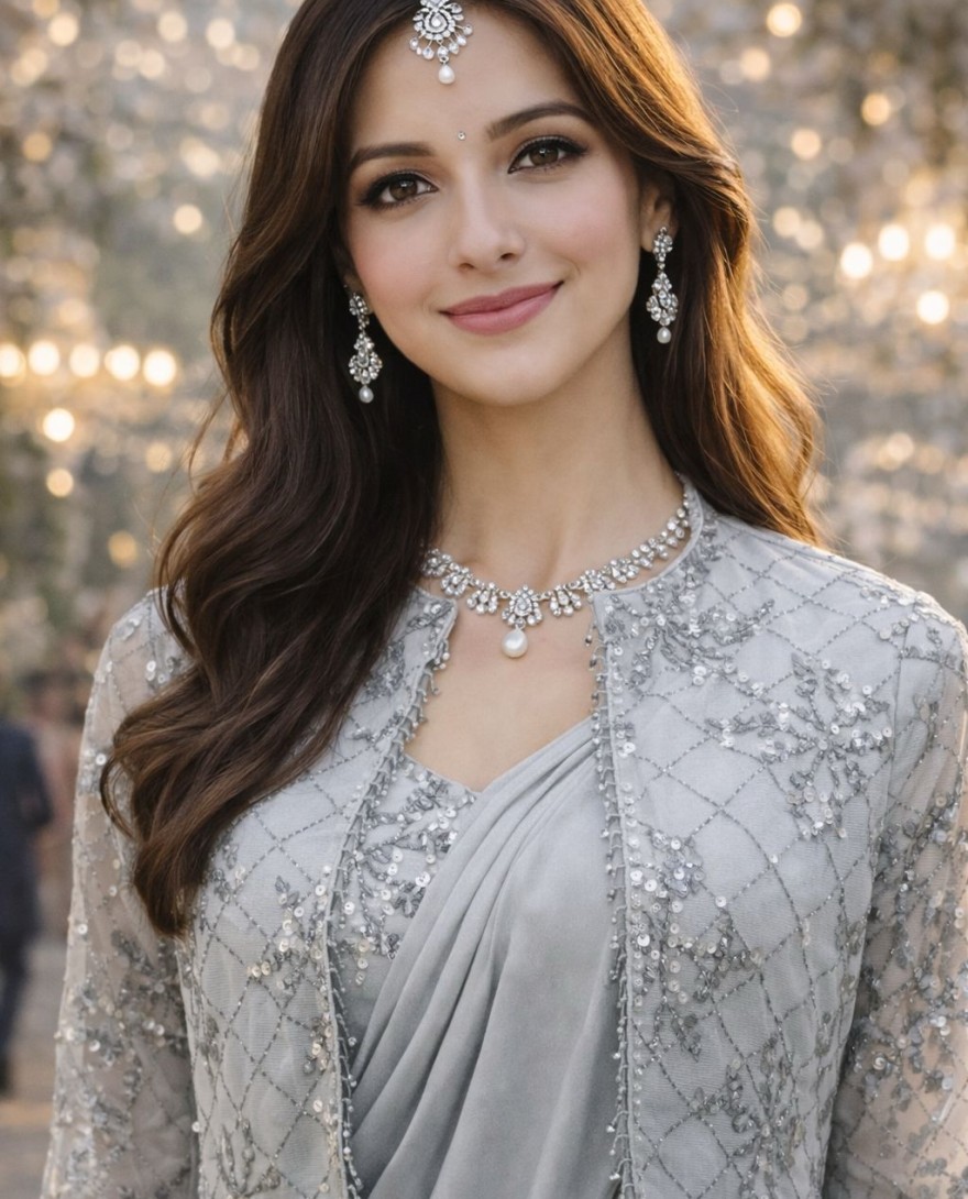 SILVER - Silver Grey Embroidered Ready to Wear Saree with Jacket
