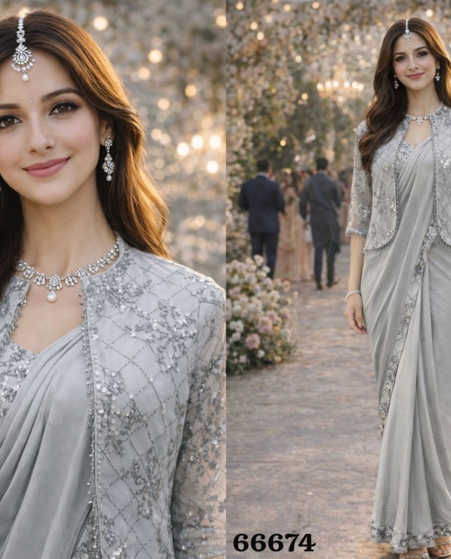 SILVER - Silver Grey Embroidered Ready to Wear Saree with Jacket