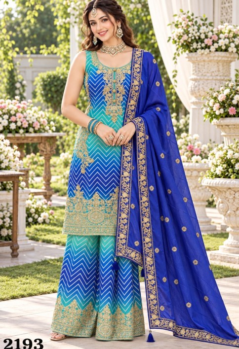 Embroidered Work Chinon Salwar Suit In Blue and Turquoise Colour