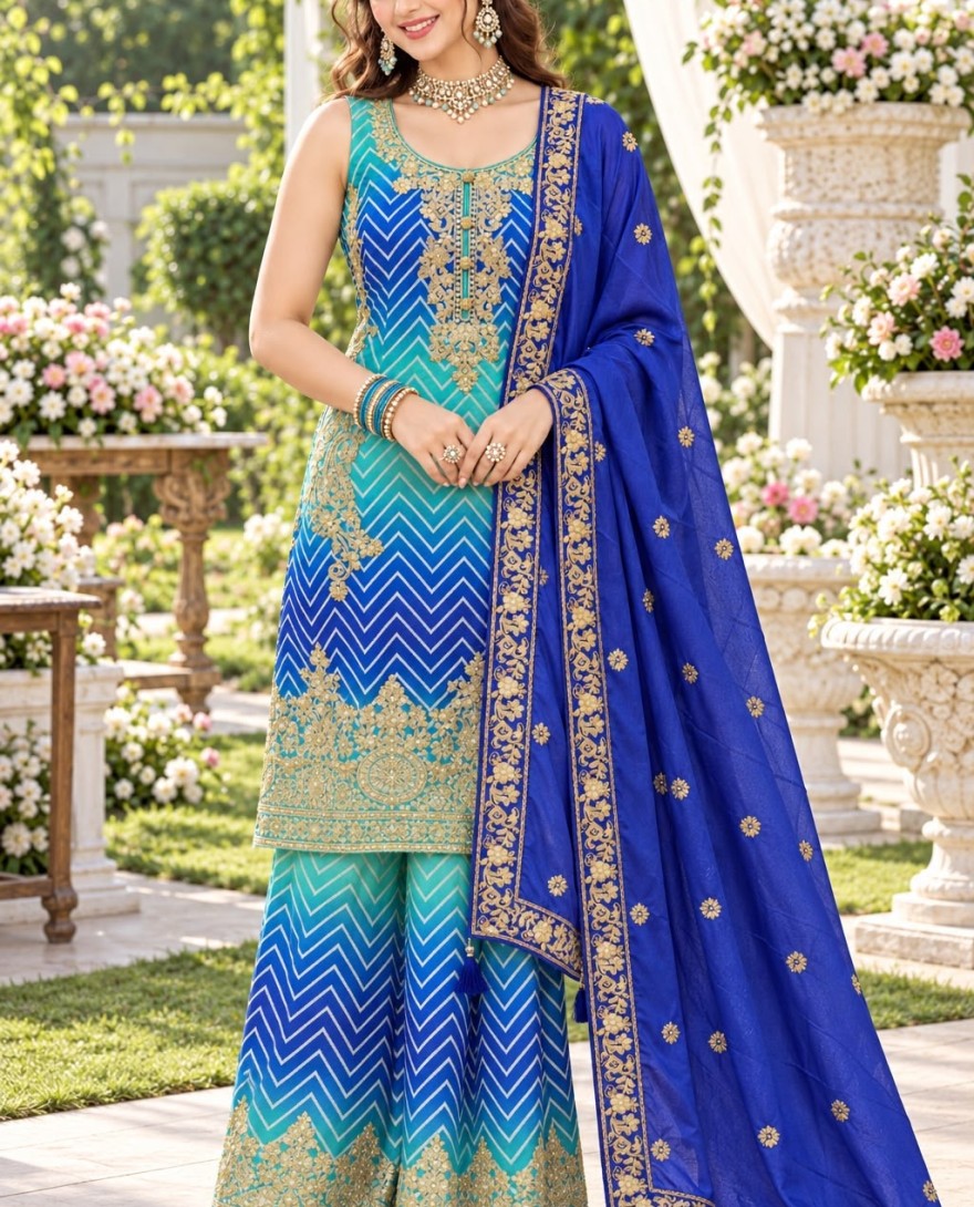 BLUE - Embroidered Work Chinon Salwar Suit In Blue and Turquoise Colour