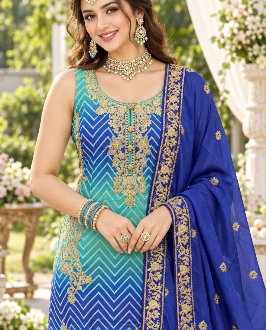 BLUE - Embroidered Work Chinon Salwar Suit In Blue and Turquoise Colour