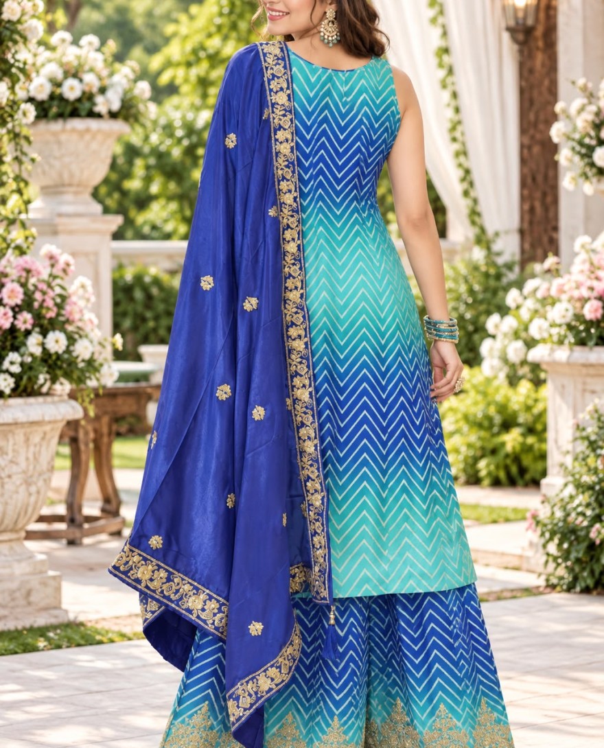 BLUE - Embroidered Work Chinon Salwar Suit In Blue and Turquoise Colour